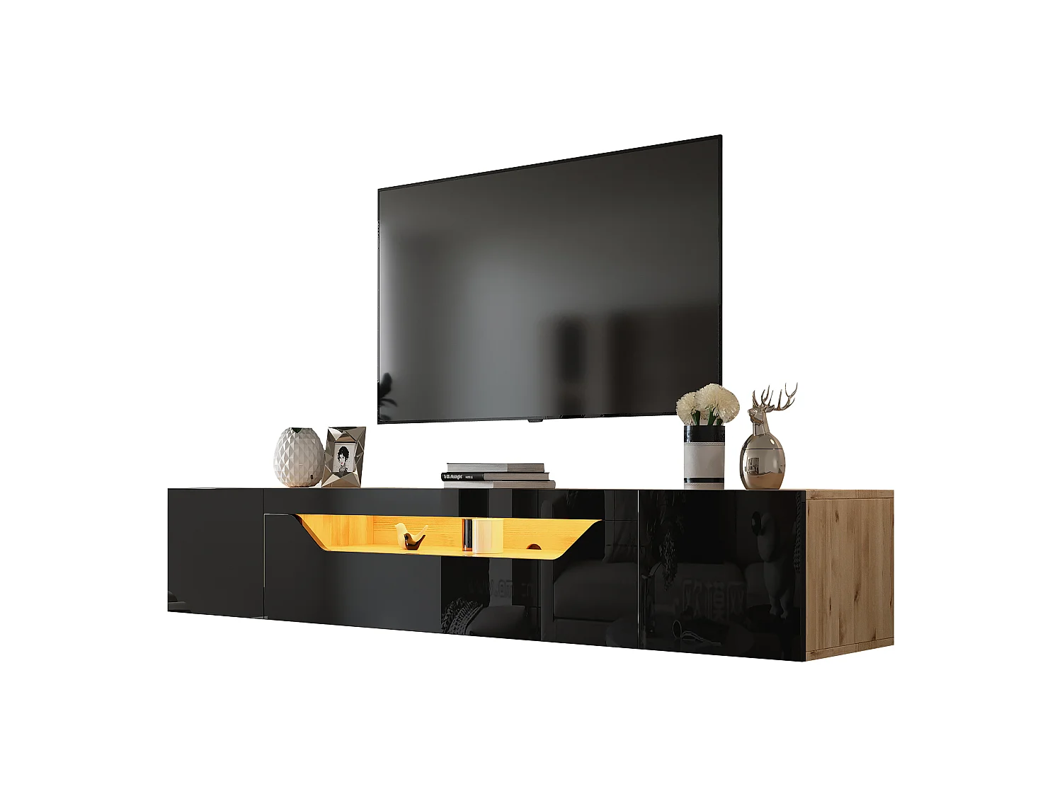 Szafka RTV ścienna czarna i drewno naturalne 180x37x36 cm z led, 2 drzwiami i 1 drzwiami uchylnymi