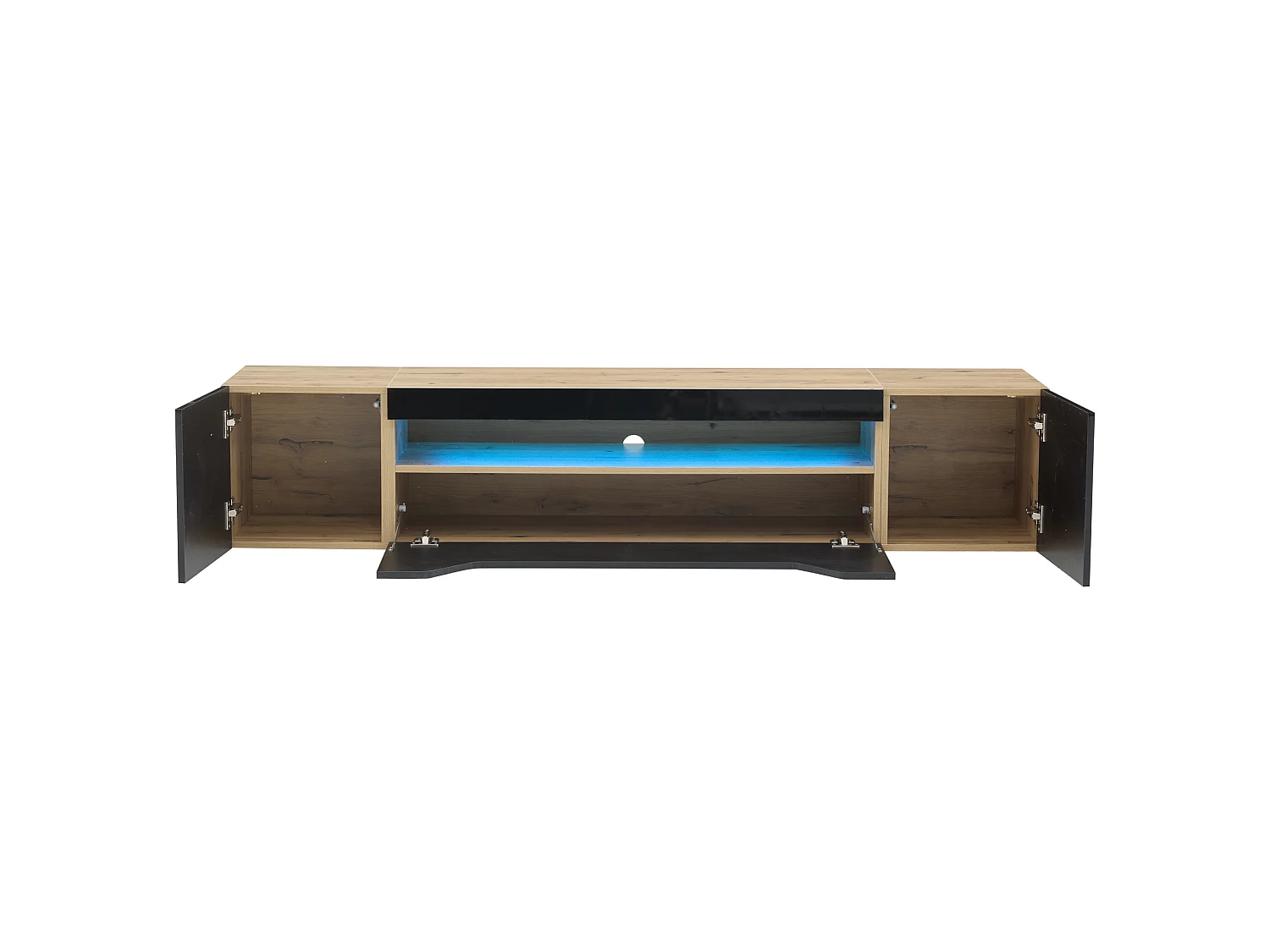 Szafka RTV ścienna czarna i drewno naturalne 180x37x36 cm z led, 2 drzwiami i 1 drzwiami uchylnymi