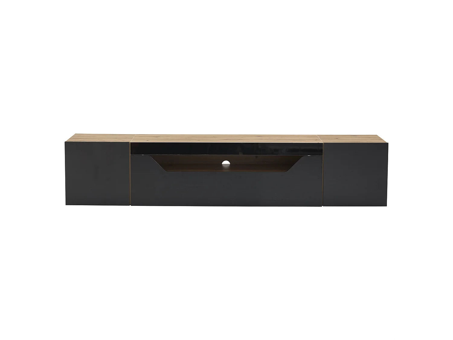 Szafka RTV ścienna czarna i drewno naturalne 180x37x36 cm z led, 2 drzwiami i 1 drzwiami uchylnymi