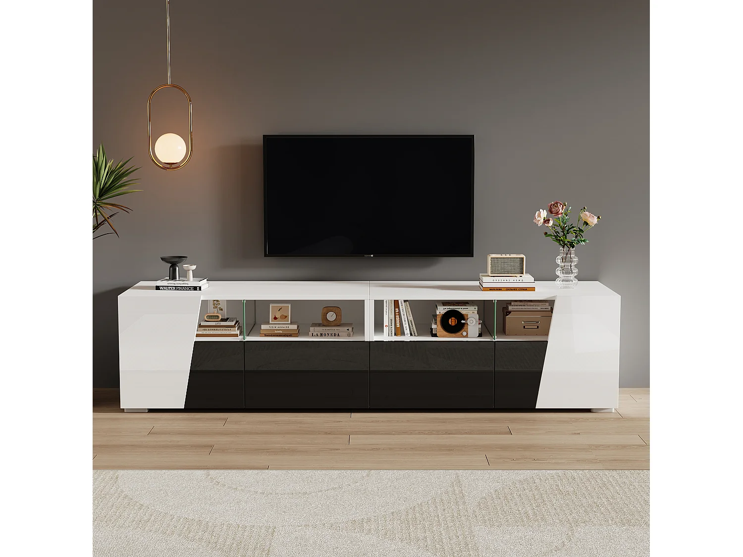 Mobile TV bianco e nero 180x38,5x45 cm con led, 2 ante, 2 cassetti e 4 nicchie aperte
