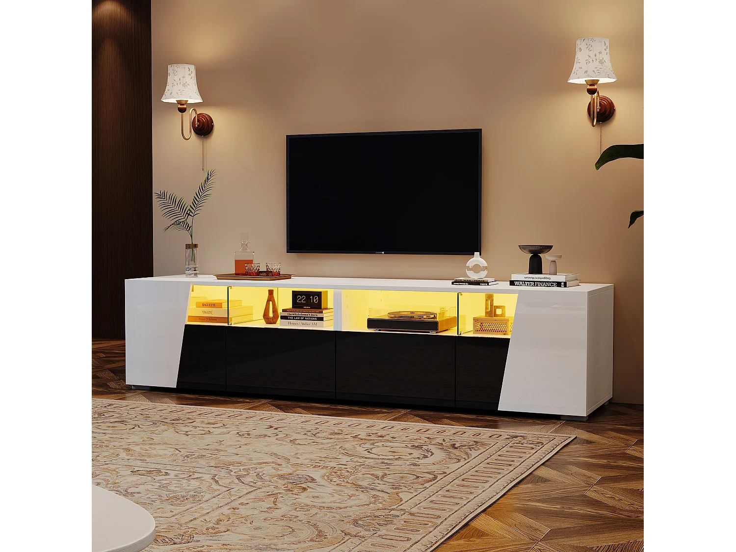 Mobile TV bianco e nero 180x38,5x45 cm con led, 2 ante, 2 cassetti e 4 nicchie aperte
