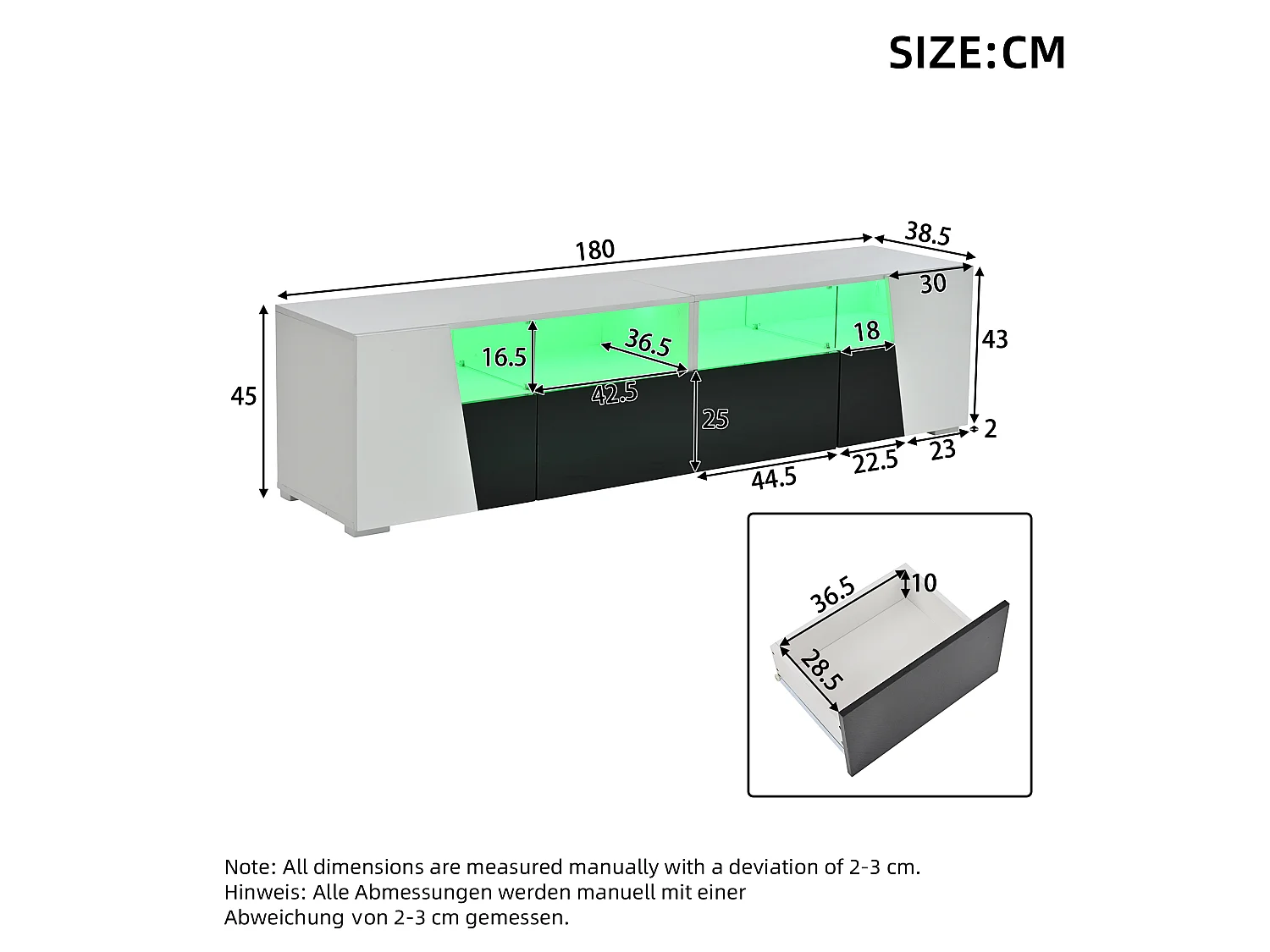 Mobile TV bianco e nero 180x38,5x45 cm con led, 2 ante, 2 cassetti e 4 nicchie aperte