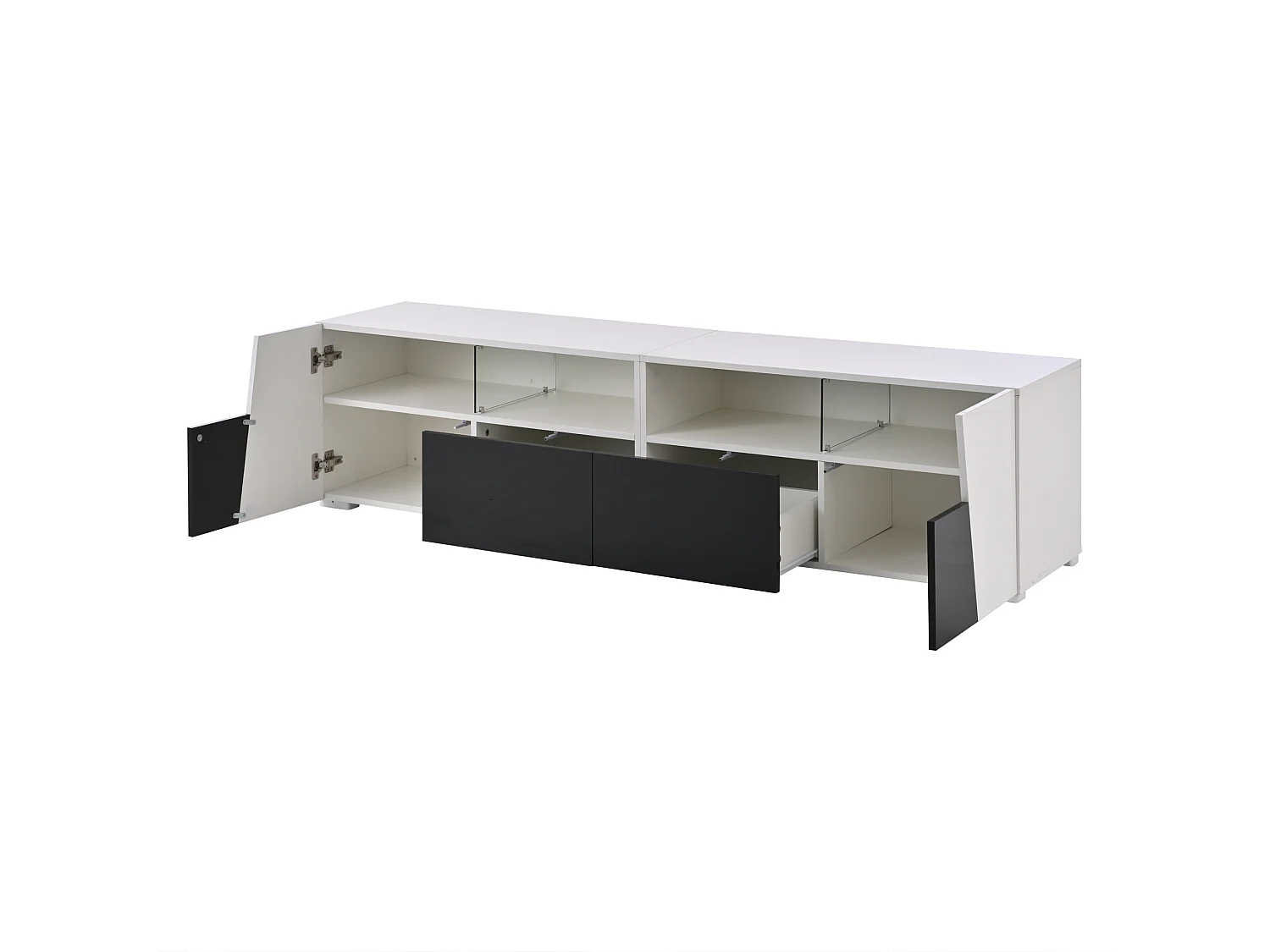 Mobile TV bianco e nero 180x38,5x45 cm con led, 2 ante, 2 cassetti e 4 nicchie aperte