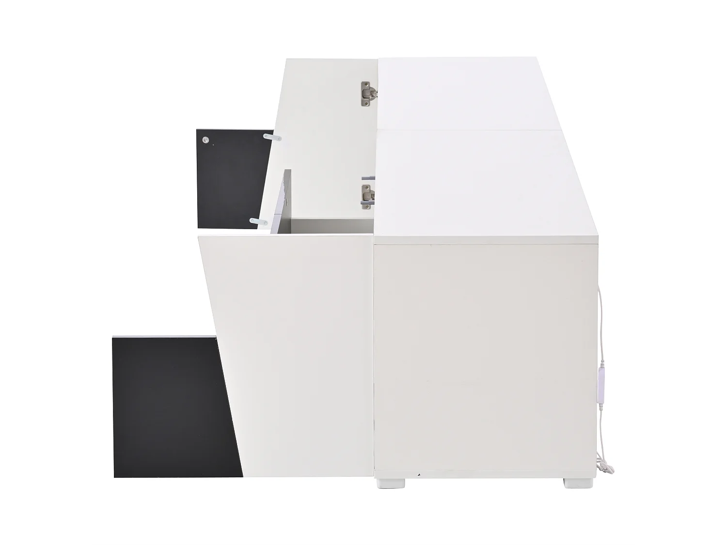 Mobile TV bianco e nero 180x38,5x45 cm con led, 2 ante, 2 cassetti e 4 nicchie aperte
