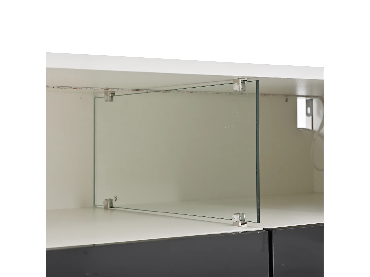 Mobile TV bianco e nero 180x38,5x45 cm con led, 2 ante, 2 cassetti e 4 nicchie aperte