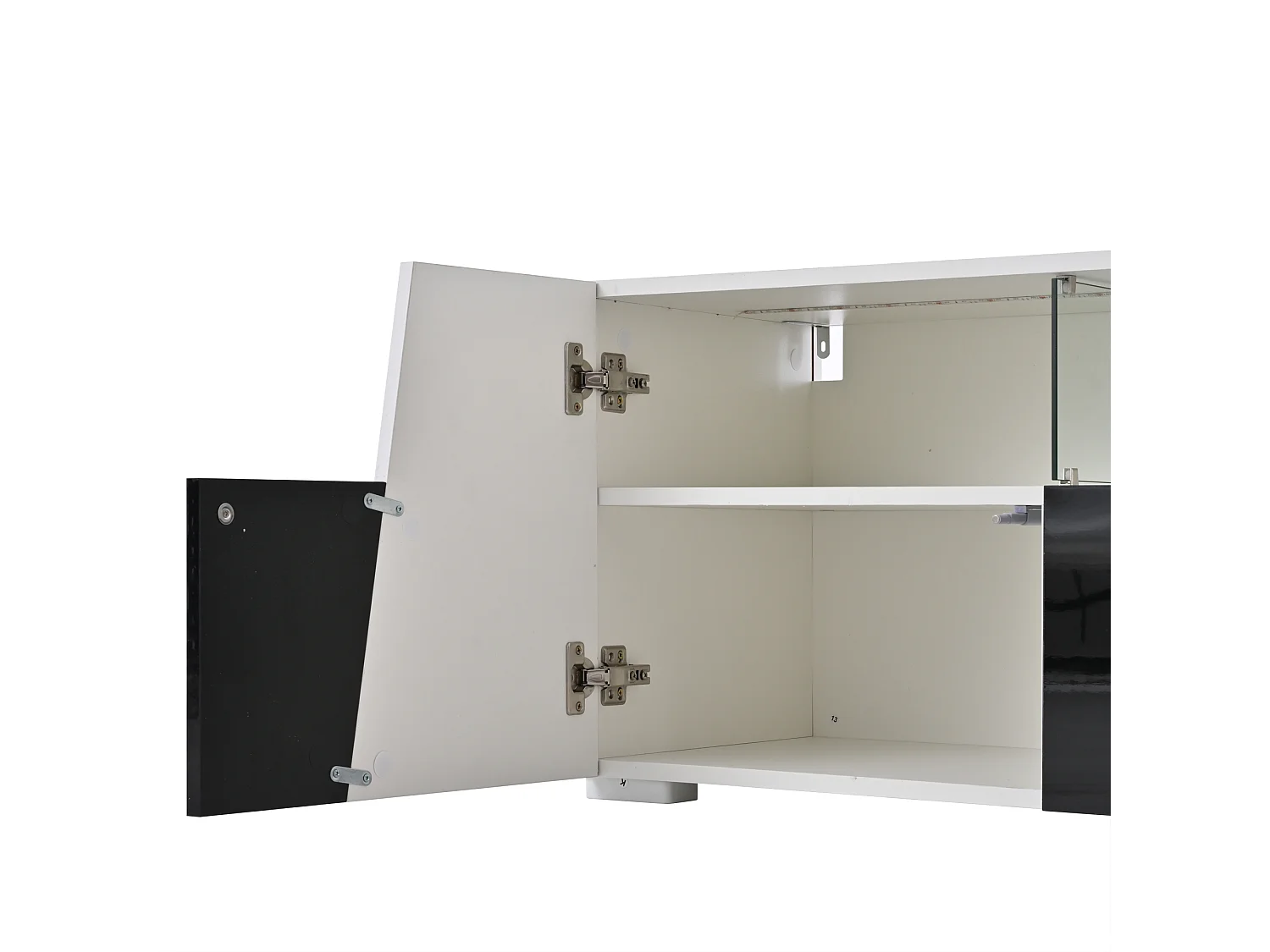 Mobile TV bianco e nero 180x38,5x45 cm con led, 2 ante, 2 cassetti e 4 nicchie aperte