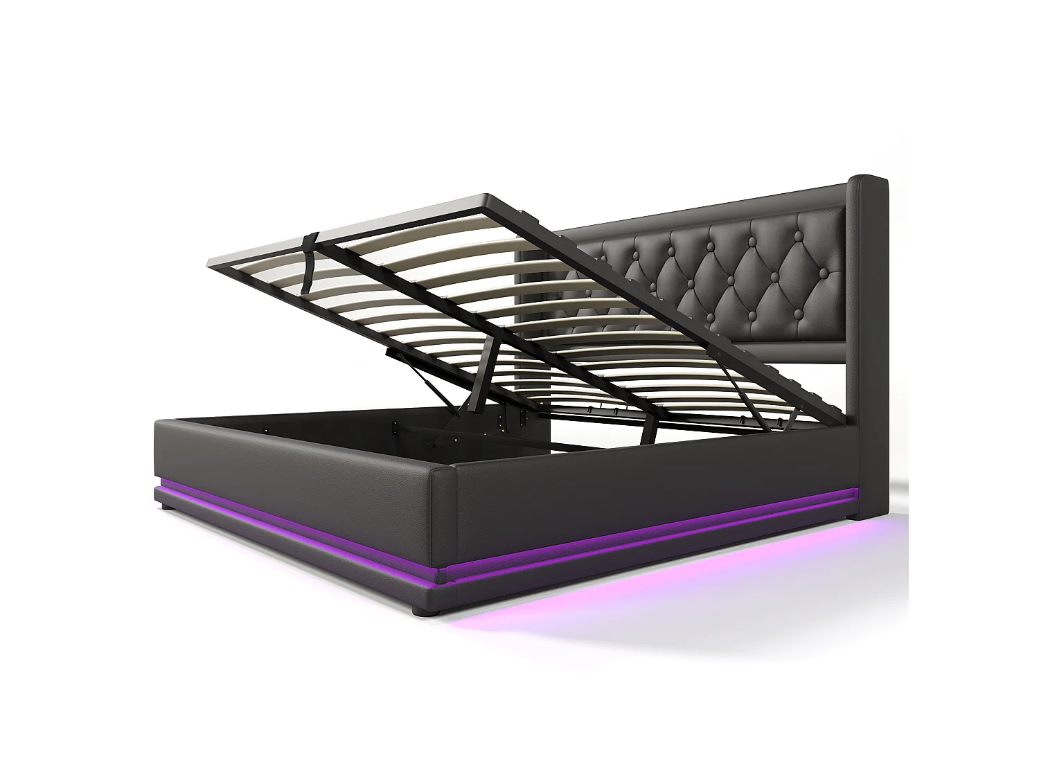 Lit coffre 160x200 cm - avec USB / Type-C, éclairage LED - en cuir synthétique - noir - matelas inclus
