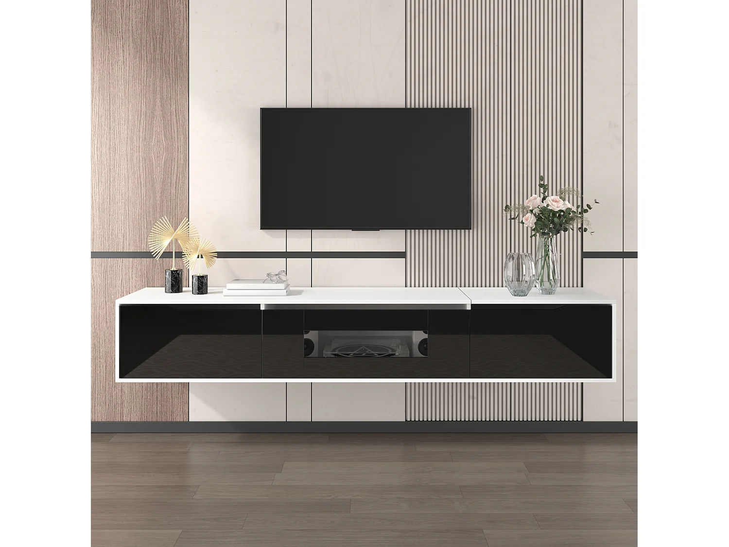 Mobile TV bianco e nero 180x35x30 cm finitura lucida, ante scanalate e illuminazione a LED
