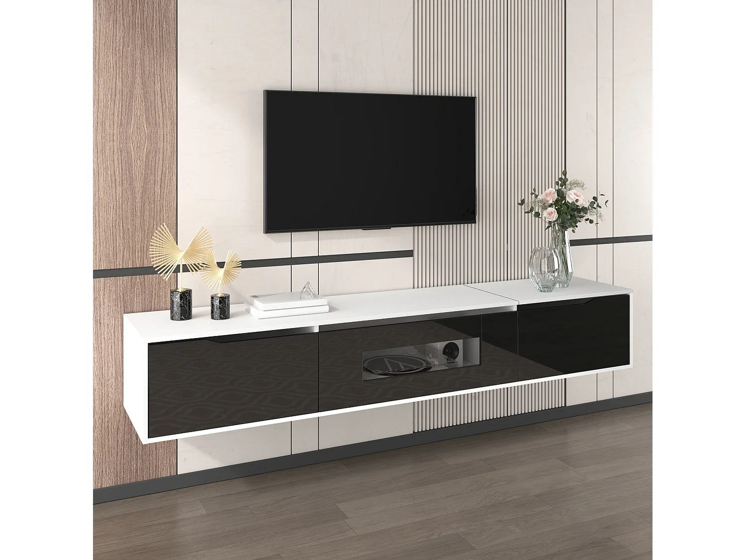 Mobile TV bianco e nero 180x35x30 cm finitura lucida, ante scanalate e illuminazione a LED