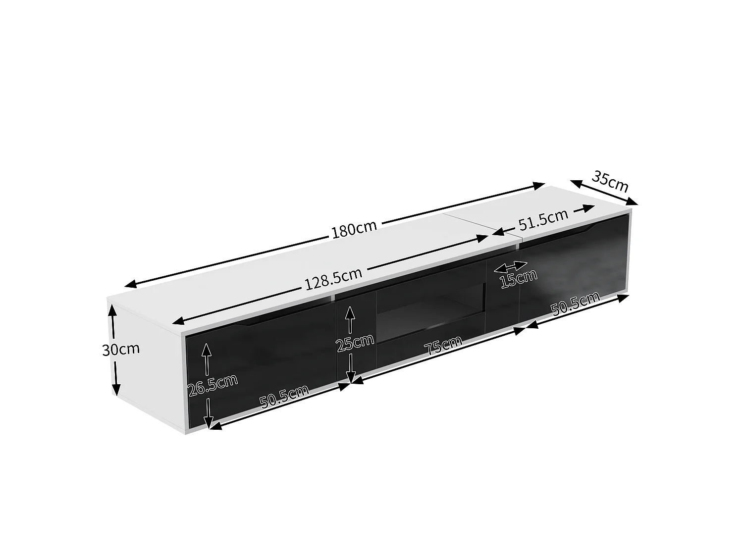 Mobile TV bianco e nero 180x35x30 cm finitura lucida, ante scanalate e illuminazione a LED