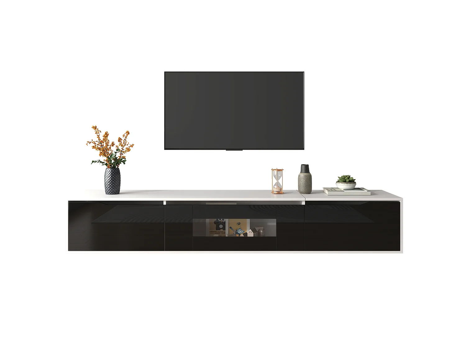 Mobile TV bianco e nero 180x35x30 cm finitura lucida, ante scanalate e illuminazione a LED