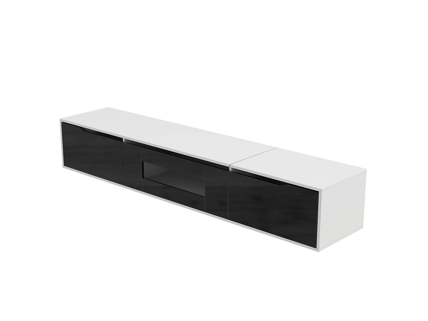 Mobile TV bianco e nero 180x35x30 cm finitura lucida, ante scanalate e illuminazione a LED