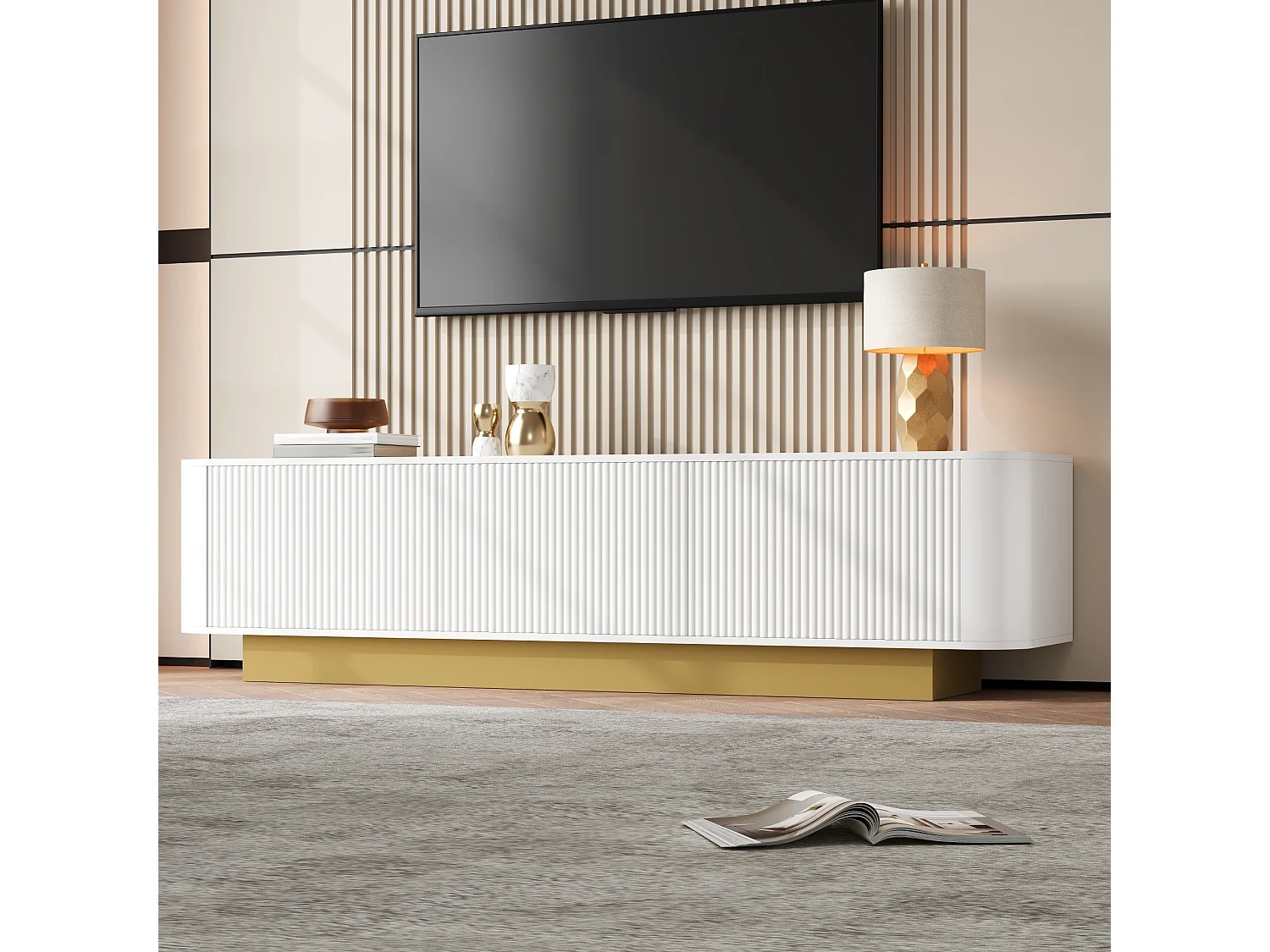 Szafka RTV biała 170x40,5x47 cm z 3 drzwiami, regulowaną półką i przepustem