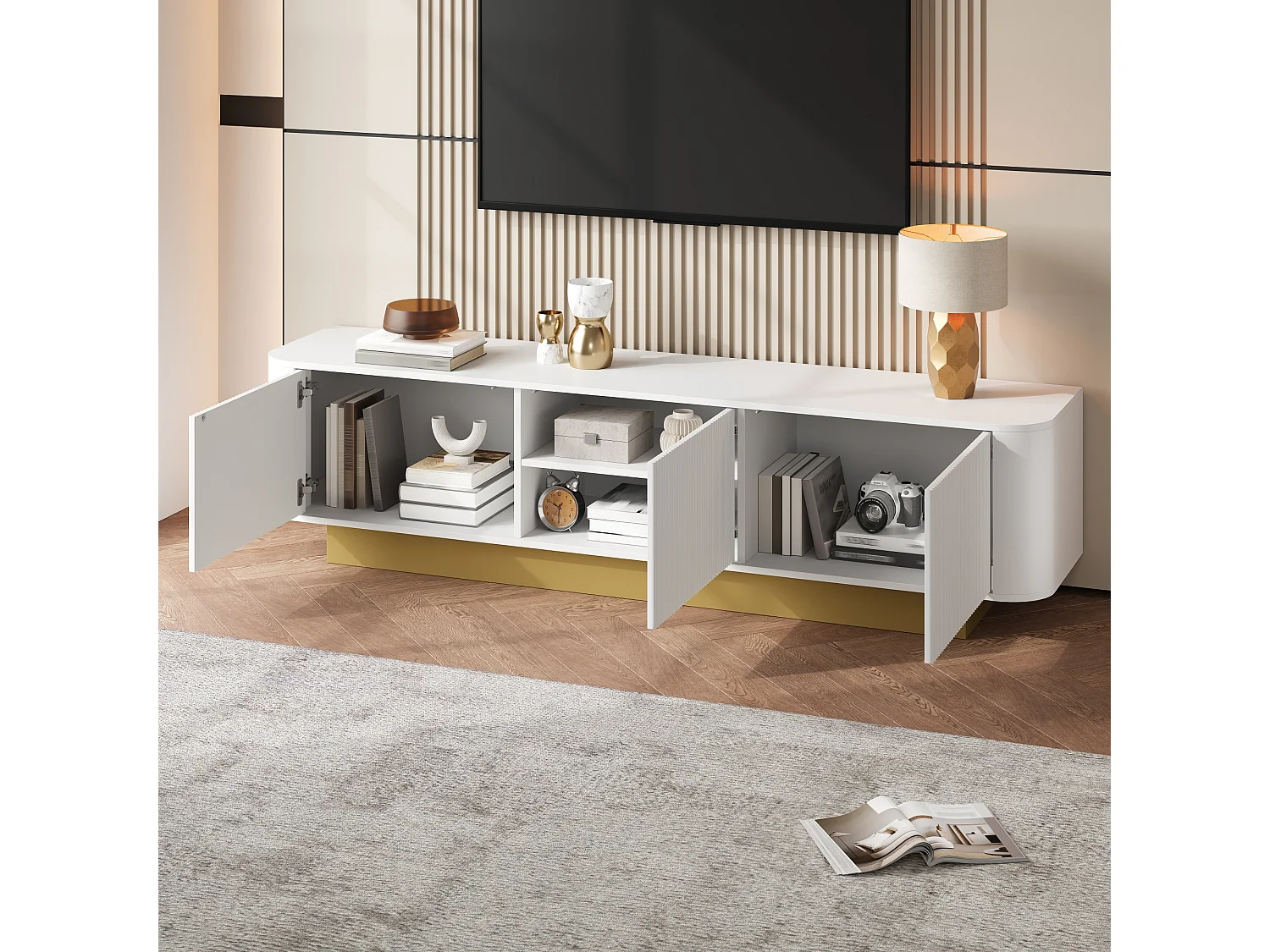 Szafka RTV biała 170x40,5x47 cm z 3 drzwiami, regulowaną półką i przepustem