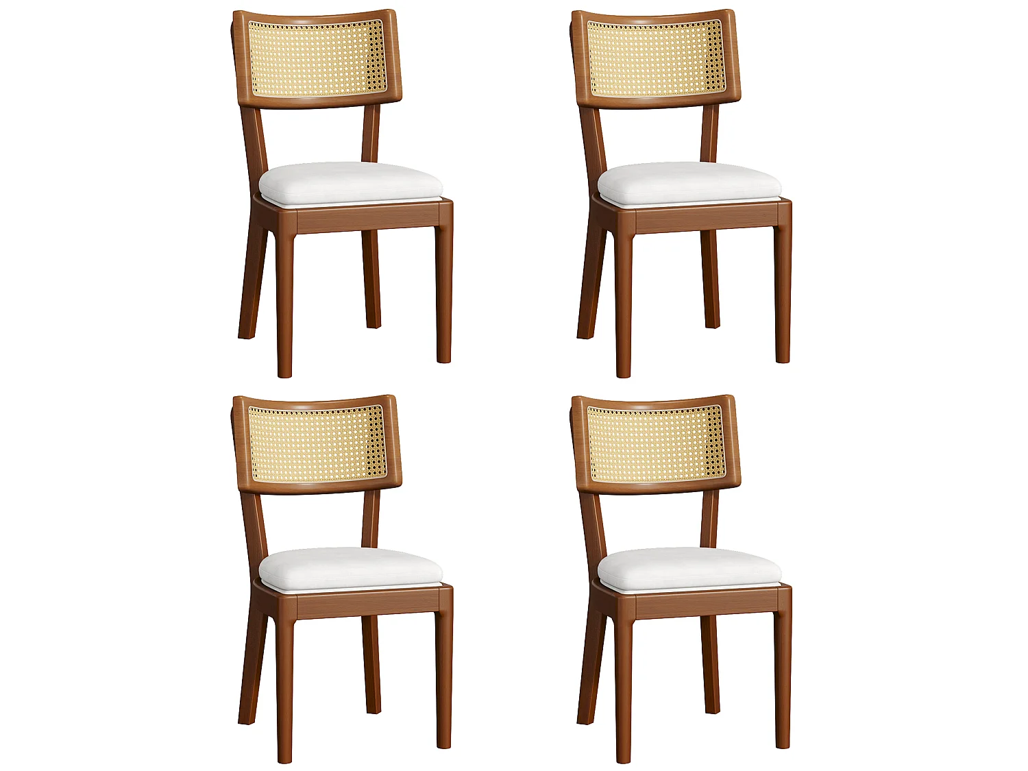 Set di 4 sedie da pranzo in legno con schienale in rattan e cuscino in lino - colore noce