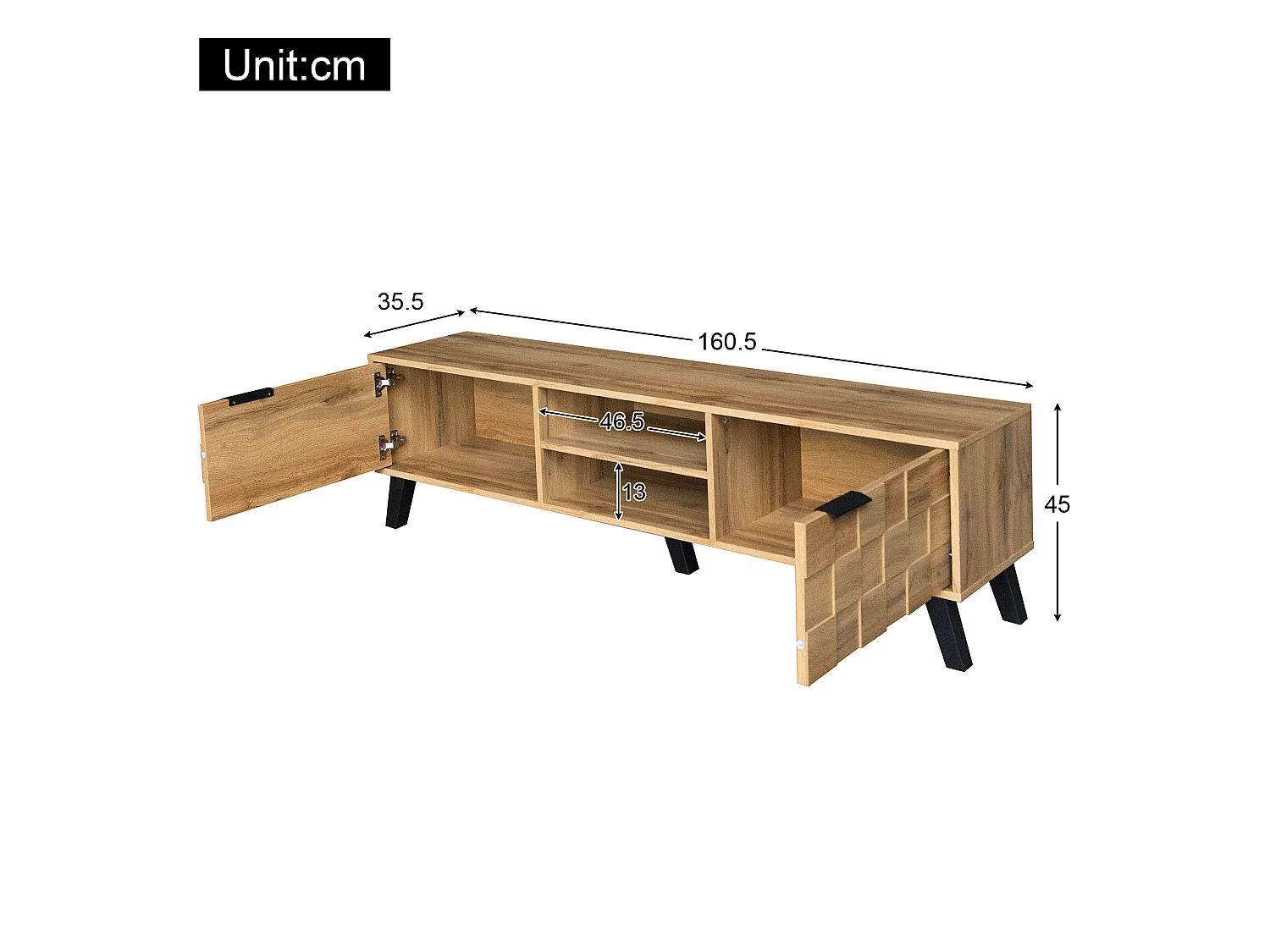 Houten tv-meubel 160,5x35,5x45 cm met 2 deuren, 2 open vakken en zachtsluitende scharnieren