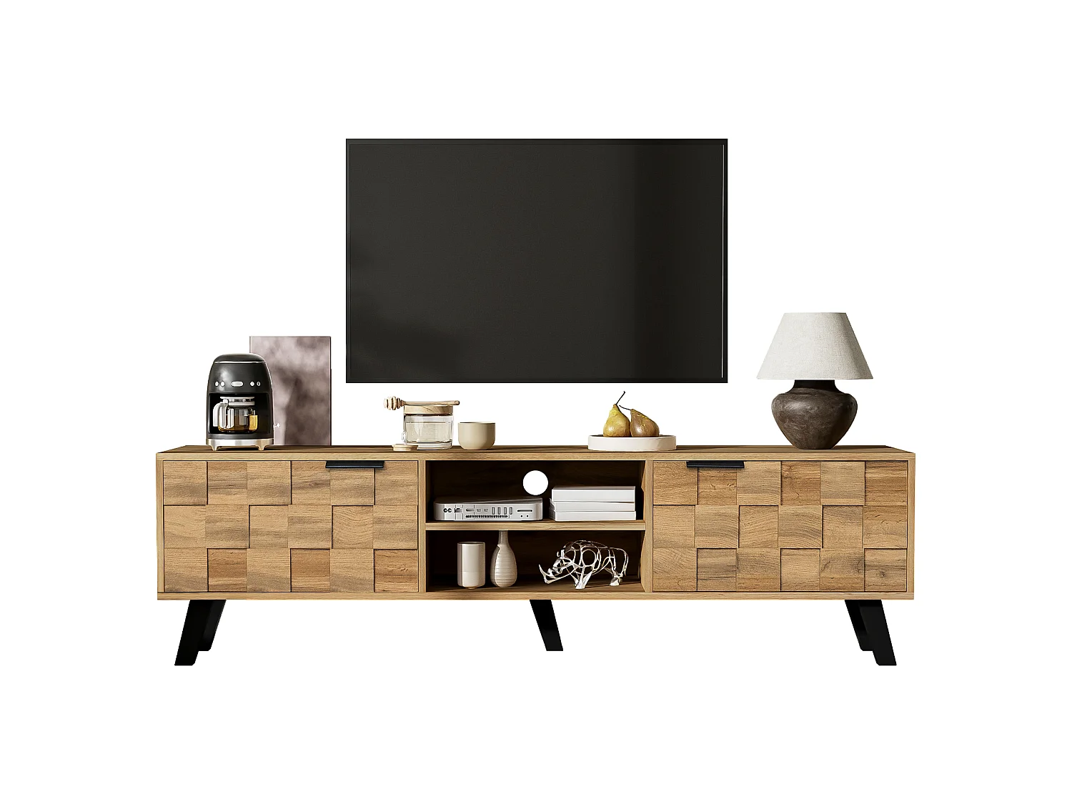 Houten tv-meubel 160,5x35,5x45 cm met 2 deuren, 2 open vakken en zachtsluitende scharnieren