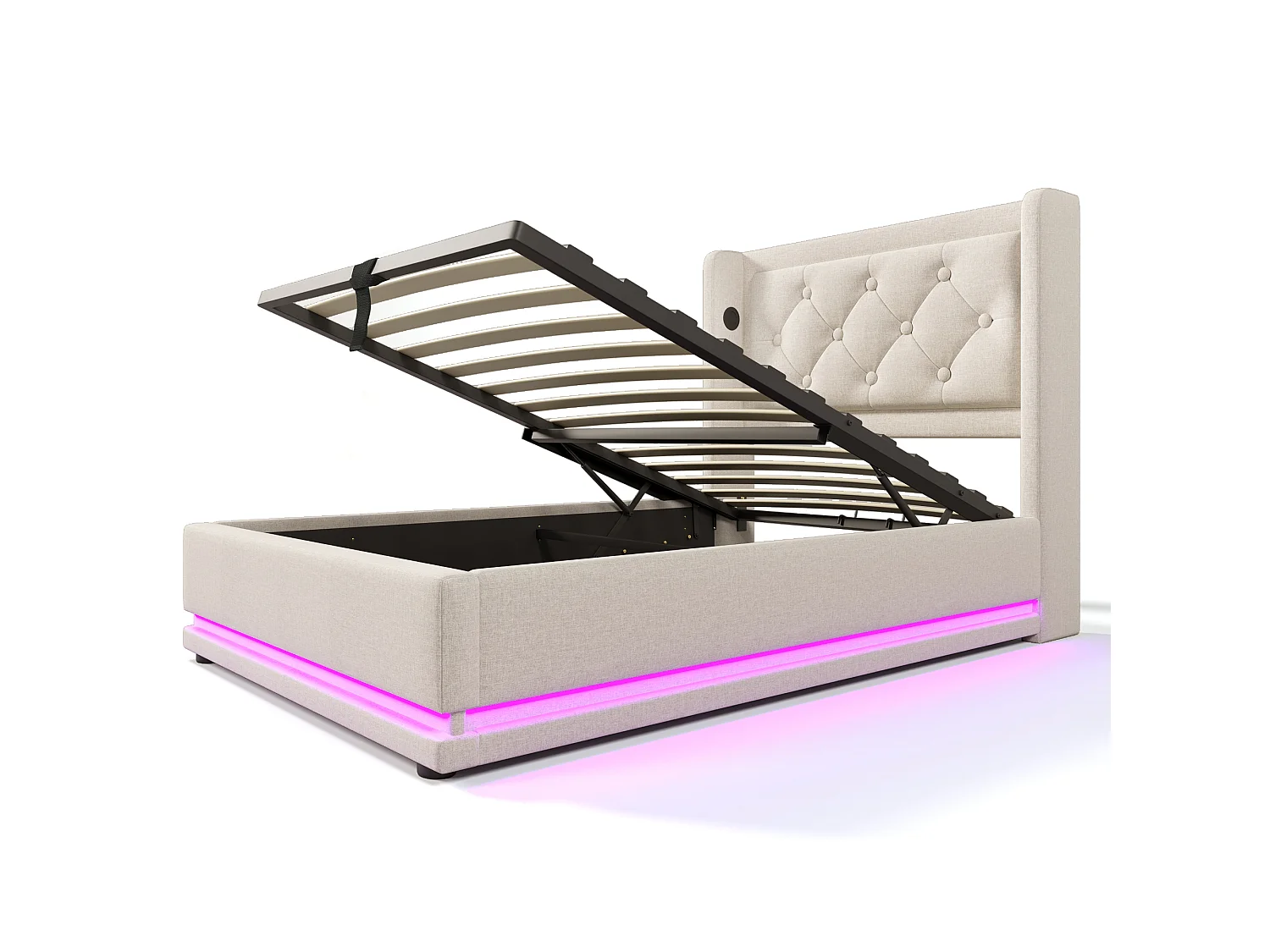 Lit coffre 90x200 cm avec tête de lit, USB Type-C, éclairage LED, sommier à lattes - coton - beige - matelas inclus
