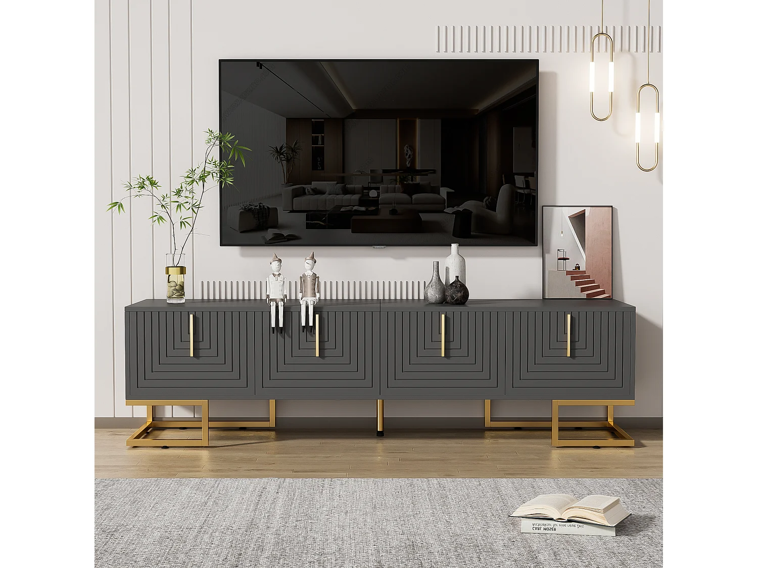 Grijs tv-meubel 170x40x45,5 cm, 4 getextureerde deuren, handgrepen en gouden poten, verstelbare poten