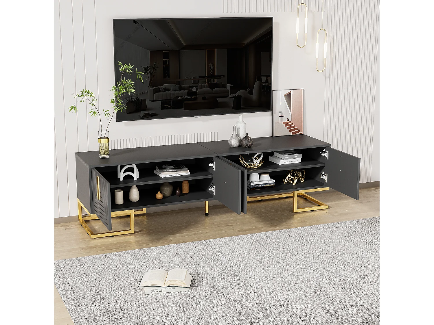 Grijs tv-meubel 170x40x45,5 cm, 4 getextureerde deuren, handgrepen en gouden poten, verstelbare poten