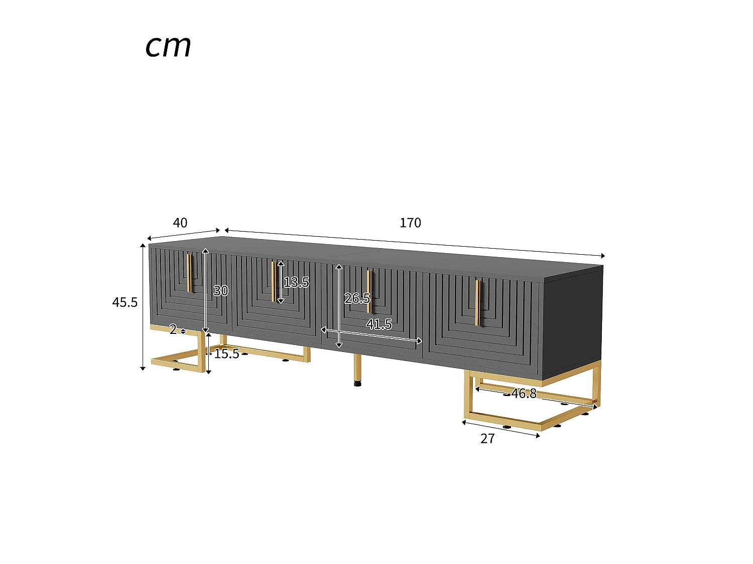 Grijs tv-meubel 170x40x45,5 cm, 4 getextureerde deuren, handgrepen en gouden poten, verstelbare poten