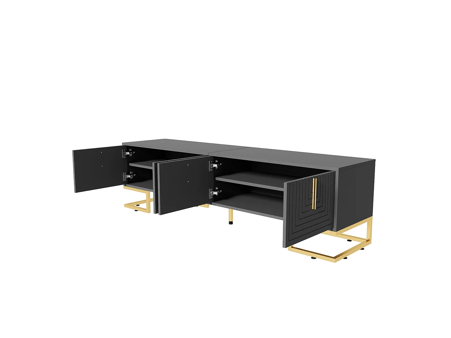 Grijs tv-meubel 170x40x45,5 cm, 4 getextureerde deuren, handgrepen en gouden poten, verstelbare poten
