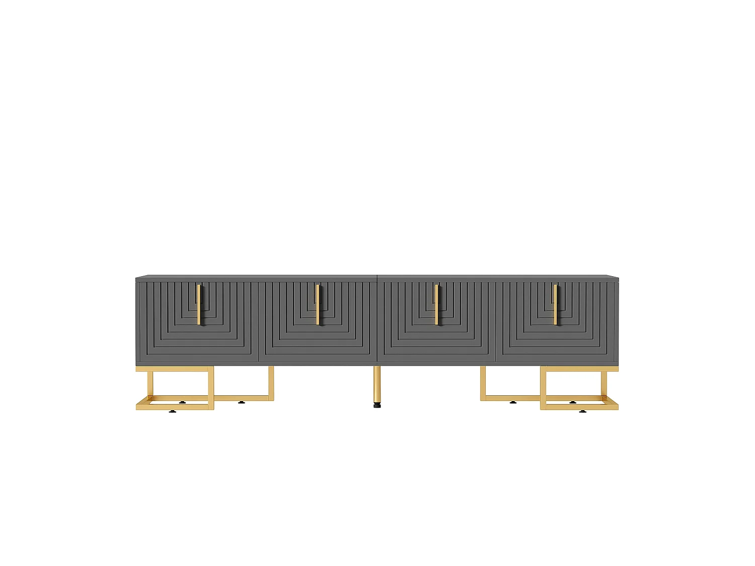 Grijs tv-meubel 170x40x45,5 cm, 4 getextureerde deuren, handgrepen en gouden poten, verstelbare poten