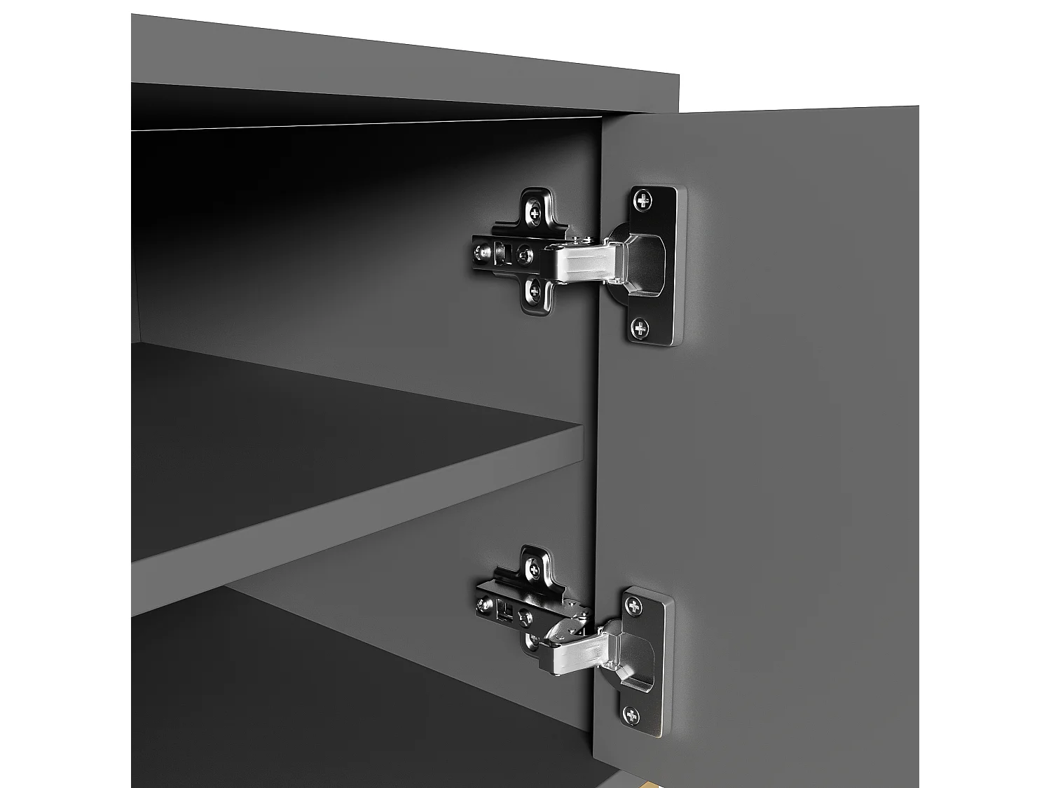 Grijs tv-meubel 170x40x45,5 cm, 4 getextureerde deuren, handgrepen en gouden poten, verstelbare poten