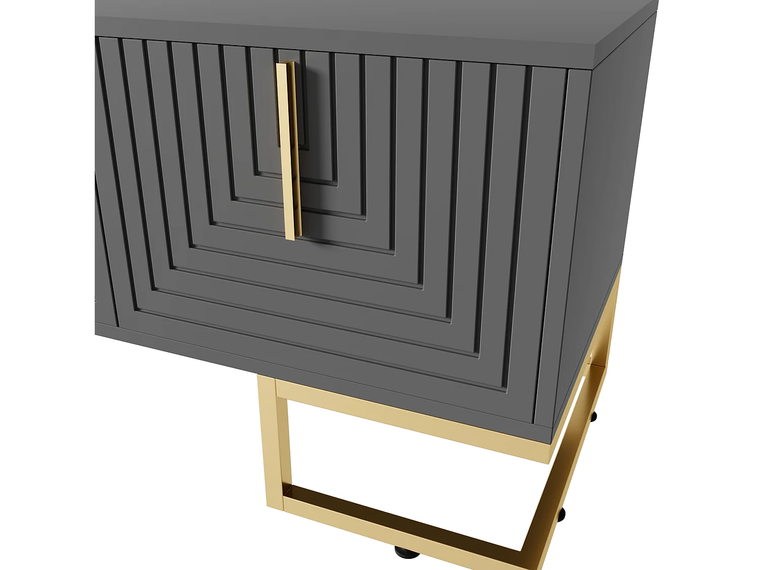 Grijs tv-meubel 170x40x45,5 cm, 4 getextureerde deuren, handgrepen en gouden poten, verstelbare poten