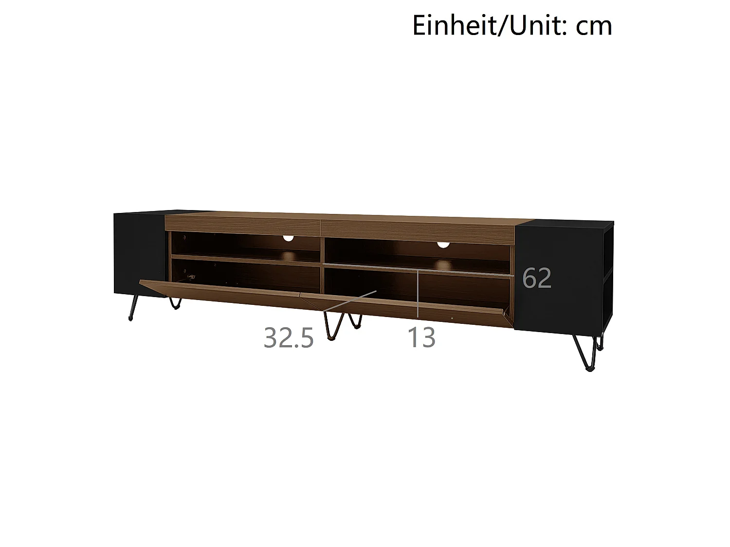 Meuble tv noir et décor bois 180x36x43 cm avec 2 portes, niches ouvertes et étagères latérales