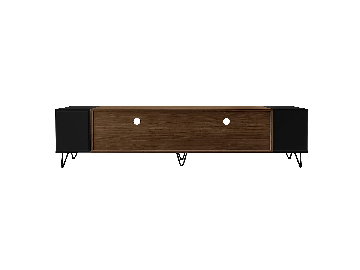 Meuble tv noir et décor bois 180x36x43 cm avec 2 portes, niches ouvertes et étagères latérales