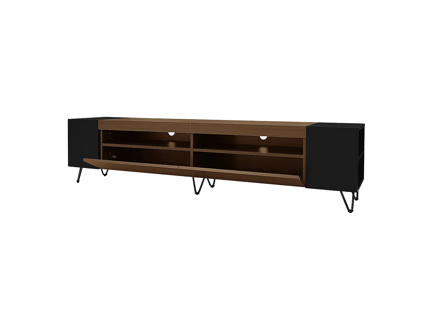 Meuble tv noir et décor bois 180x36x43 cm avec 2 portes, niches ouvertes et étagères latérales