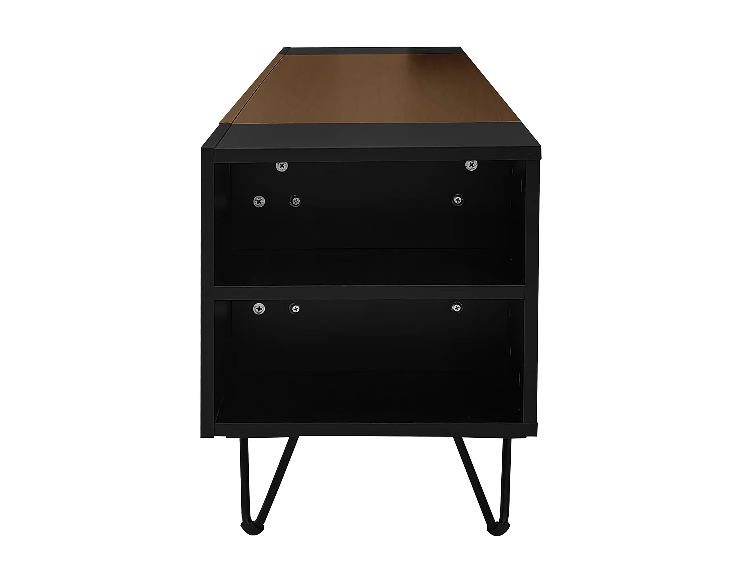 Meuble tv noir et décor bois 180x36x43 cm avec 2 portes, niches ouvertes et étagères latérales