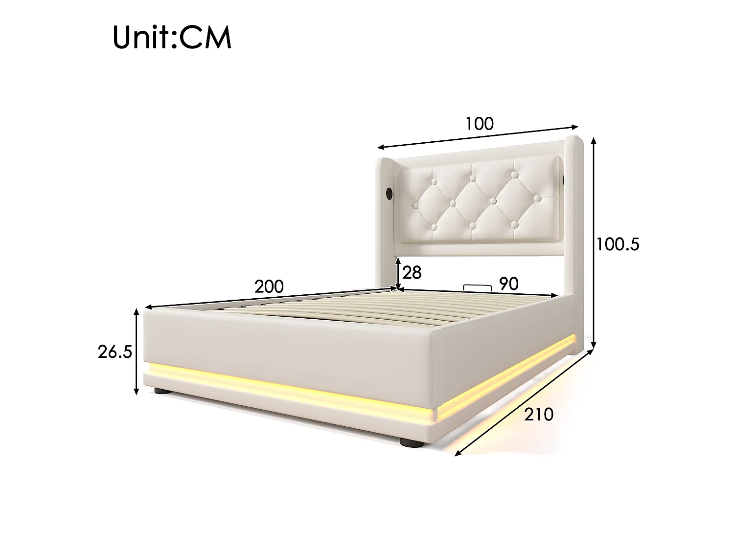 Lit coffre 90x200 cm avec tête de lit, USB / Type-C, LED - en cuir synthétique - blanc - matelas inclus