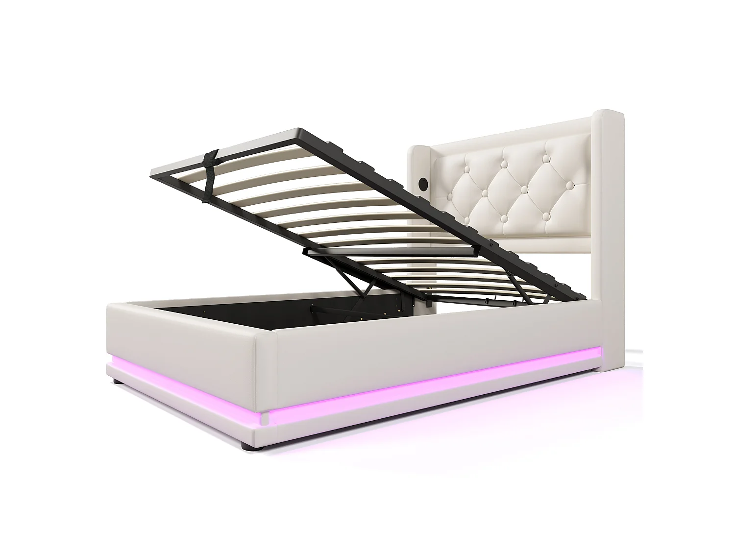 Lit coffre 90x200 cm avec tête de lit, USB / Type-C, LED - en cuir synthétique - blanc - matelas inclus