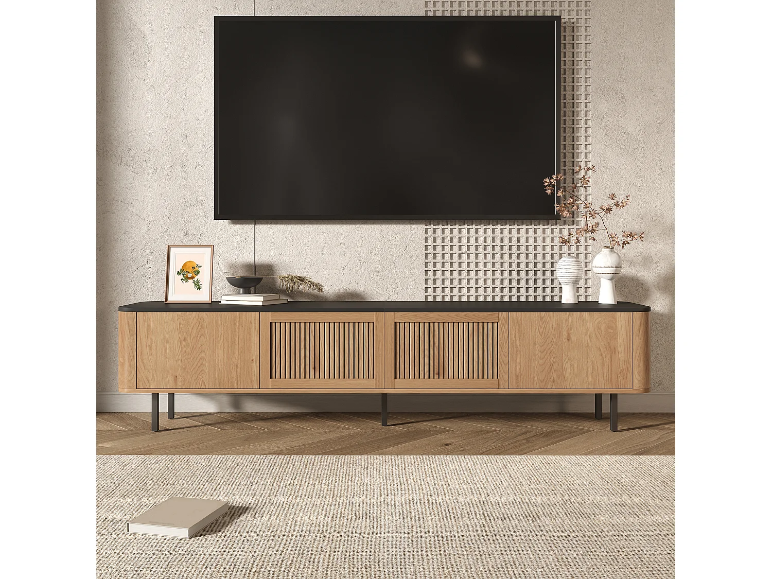Eiken en zwart tv-meubel 190x35x45 cm met roosterdeuren, compartimenten en ijzeren poten