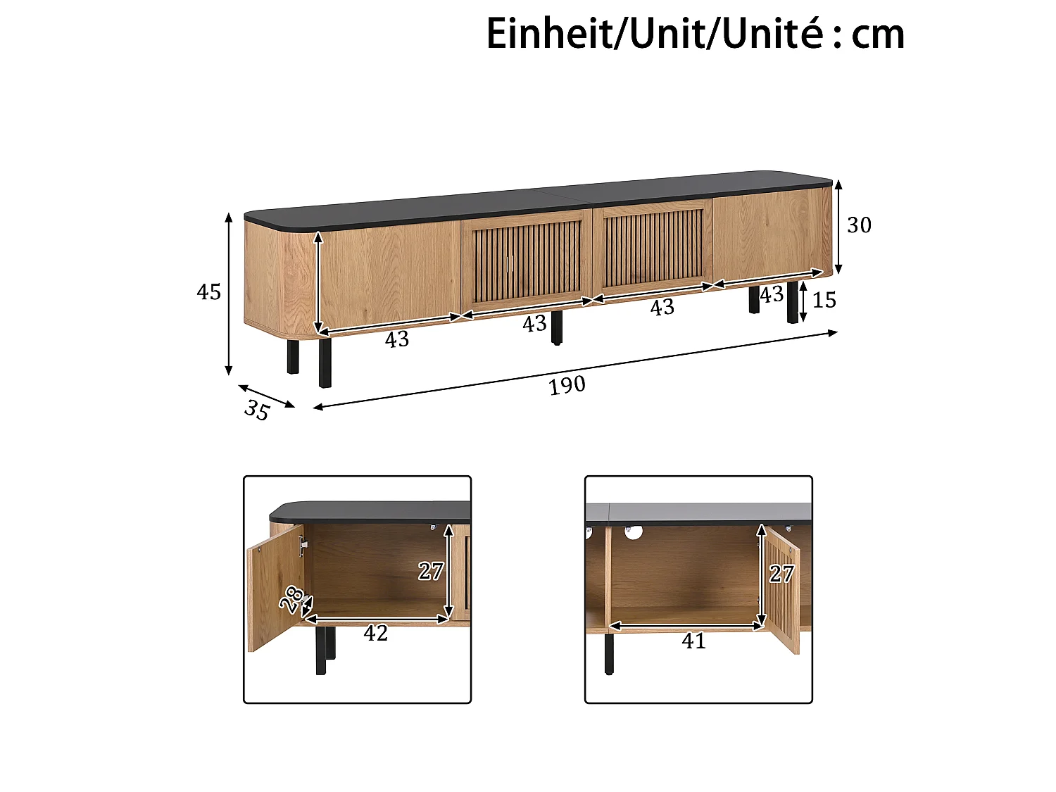 Eiken en zwart tv-meubel 190x35x45 cm met roosterdeuren, compartimenten en ijzeren poten