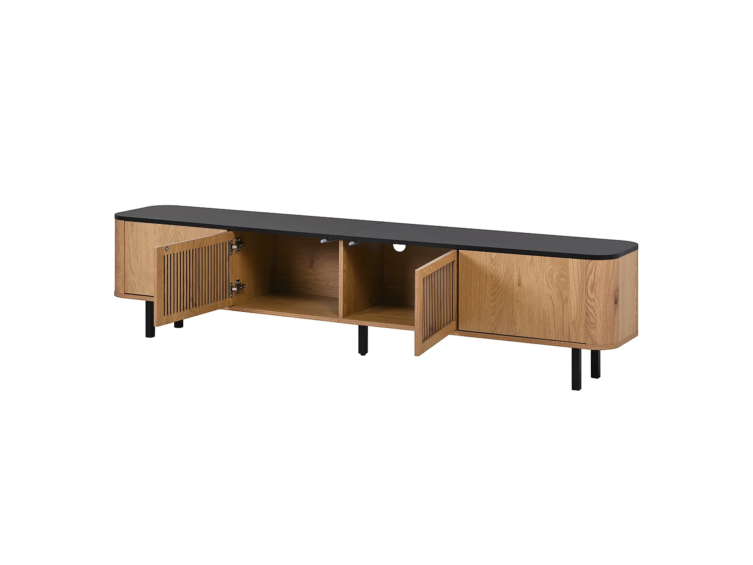 Eiken en zwart tv-meubel 190x35x45 cm met roosterdeuren, compartimenten en ijzeren poten
