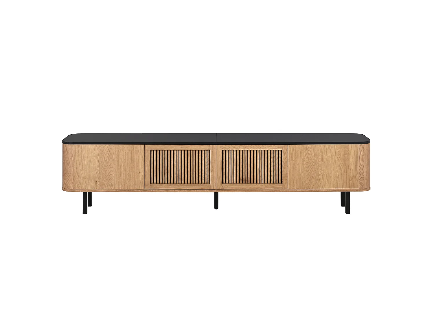 Eiken en zwart tv-meubel 190x35x45 cm met roosterdeuren, compartimenten en ijzeren poten
