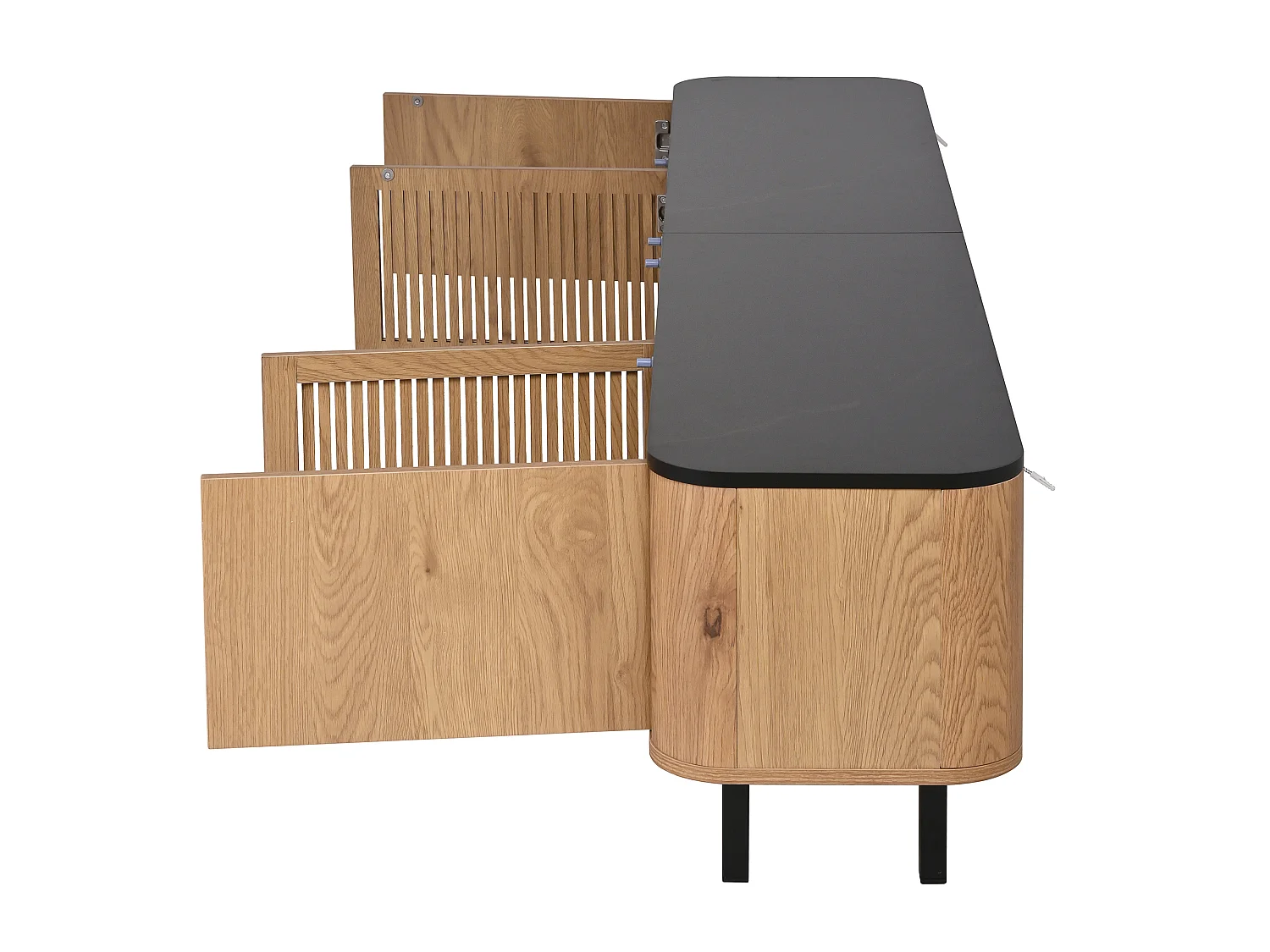 Eiken en zwart tv-meubel 190x35x45 cm met roosterdeuren, compartimenten en ijzeren poten