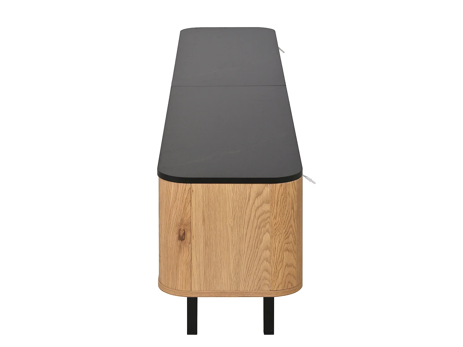 Eiken en zwart tv-meubel 190x35x45 cm met roosterdeuren, compartimenten en ijzeren poten