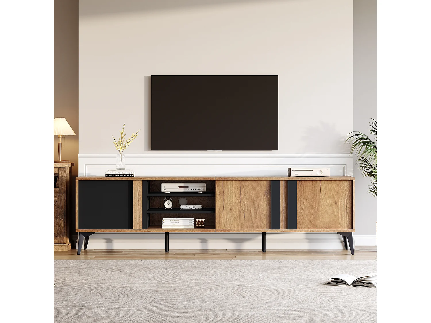 Zwart en bruin tv-meubel 180x40x50 cm met 3 deuren, 4 open vakken en kabeldoorvoer