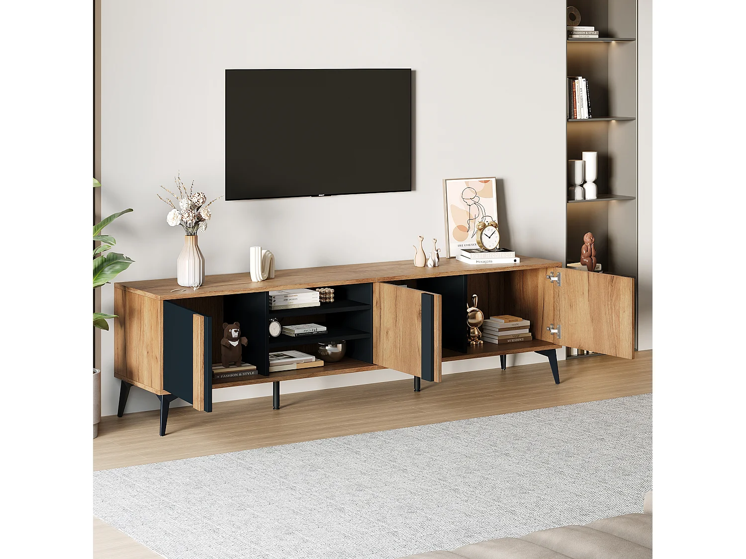 Zwart en bruin tv-meubel 180x40x50 cm met 3 deuren, 4 open vakken en kabeldoorvoer