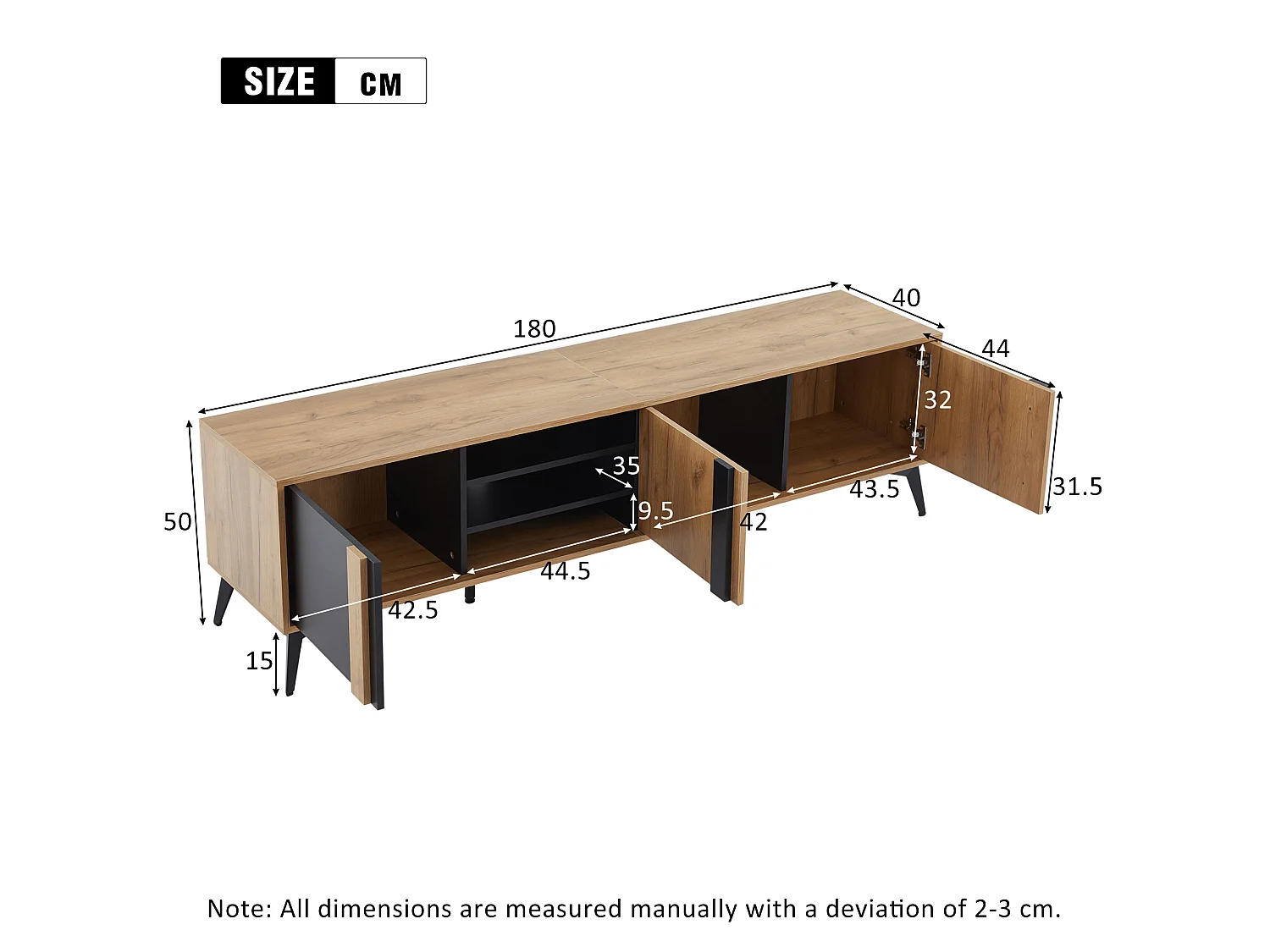 Zwart en bruin tv-meubel 180x40x50 cm met 3 deuren, 4 open vakken en kabeldoorvoer