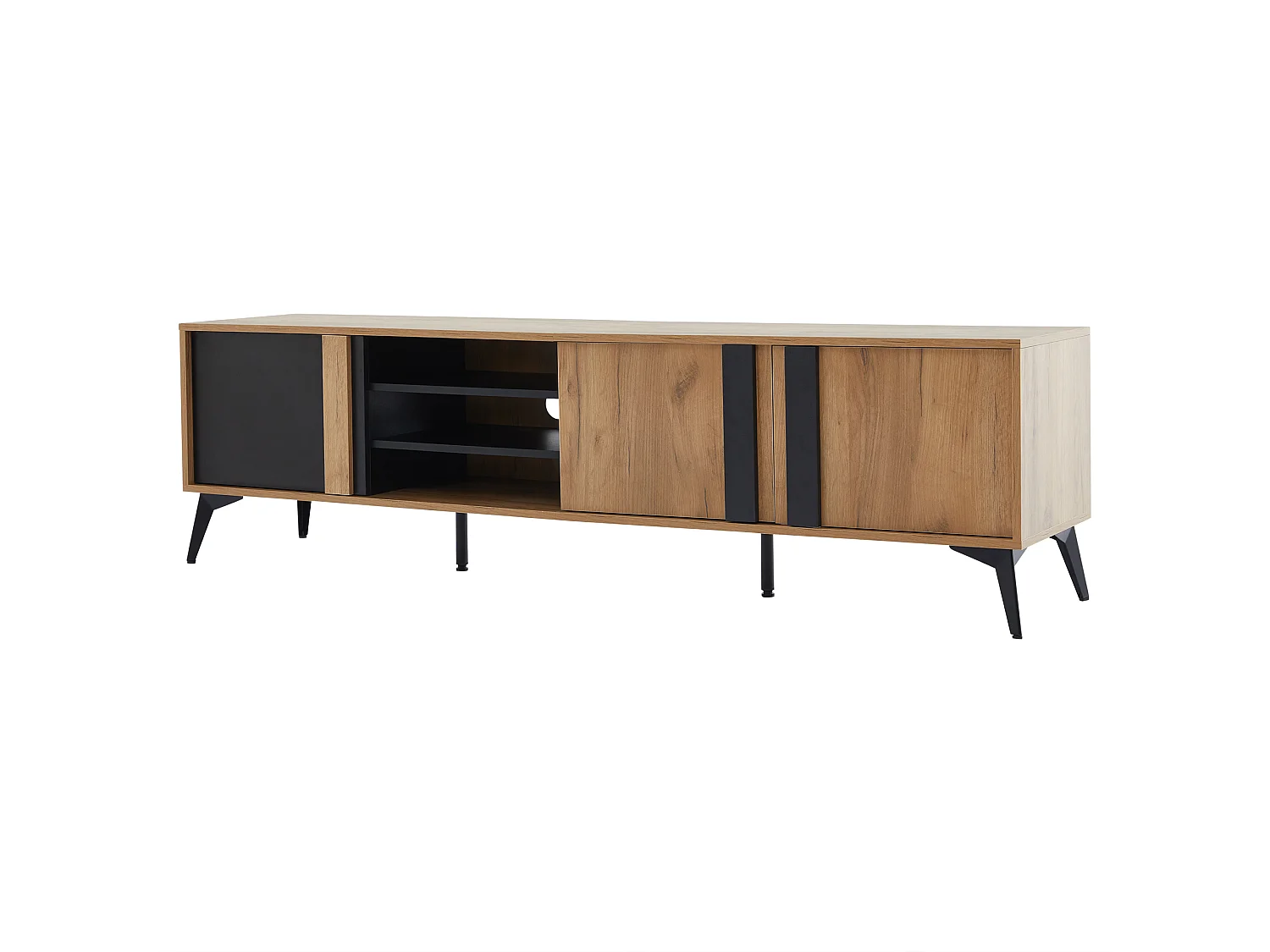 Zwart en bruin tv-meubel 180x40x50 cm met 3 deuren, 4 open vakken en kabeldoorvoer