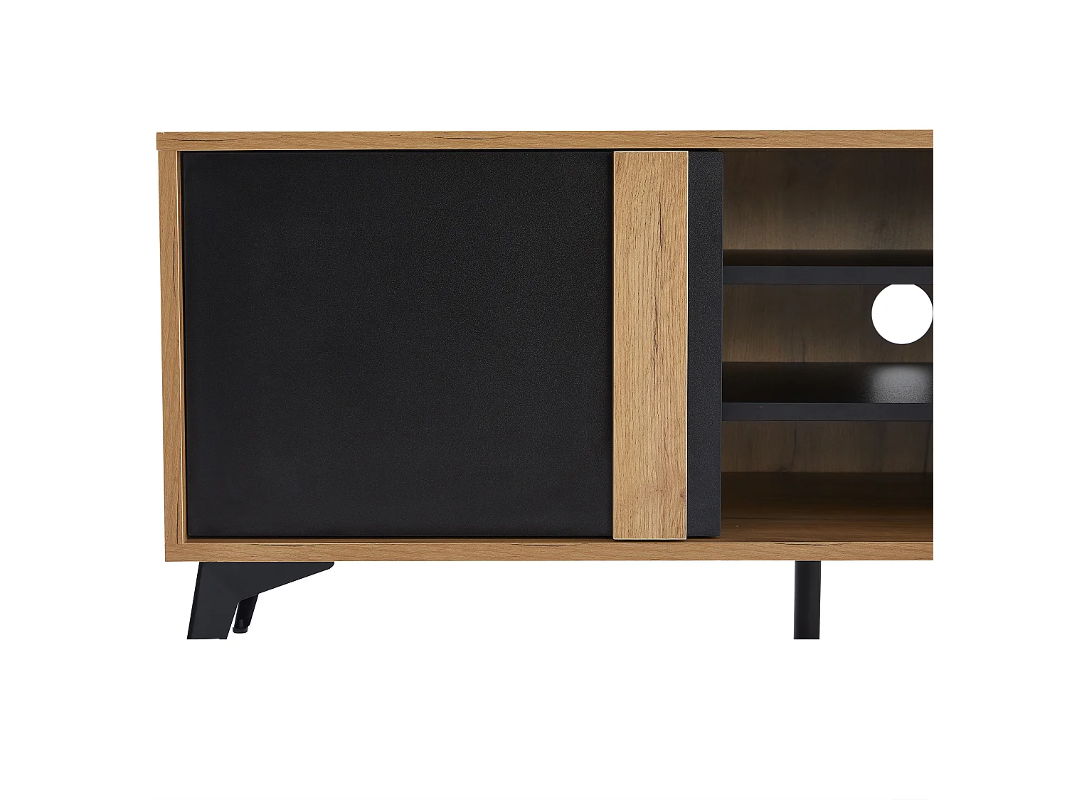 Zwart en bruin tv-meubel 180x40x50 cm met 3 deuren, 4 open vakken en kabeldoorvoer