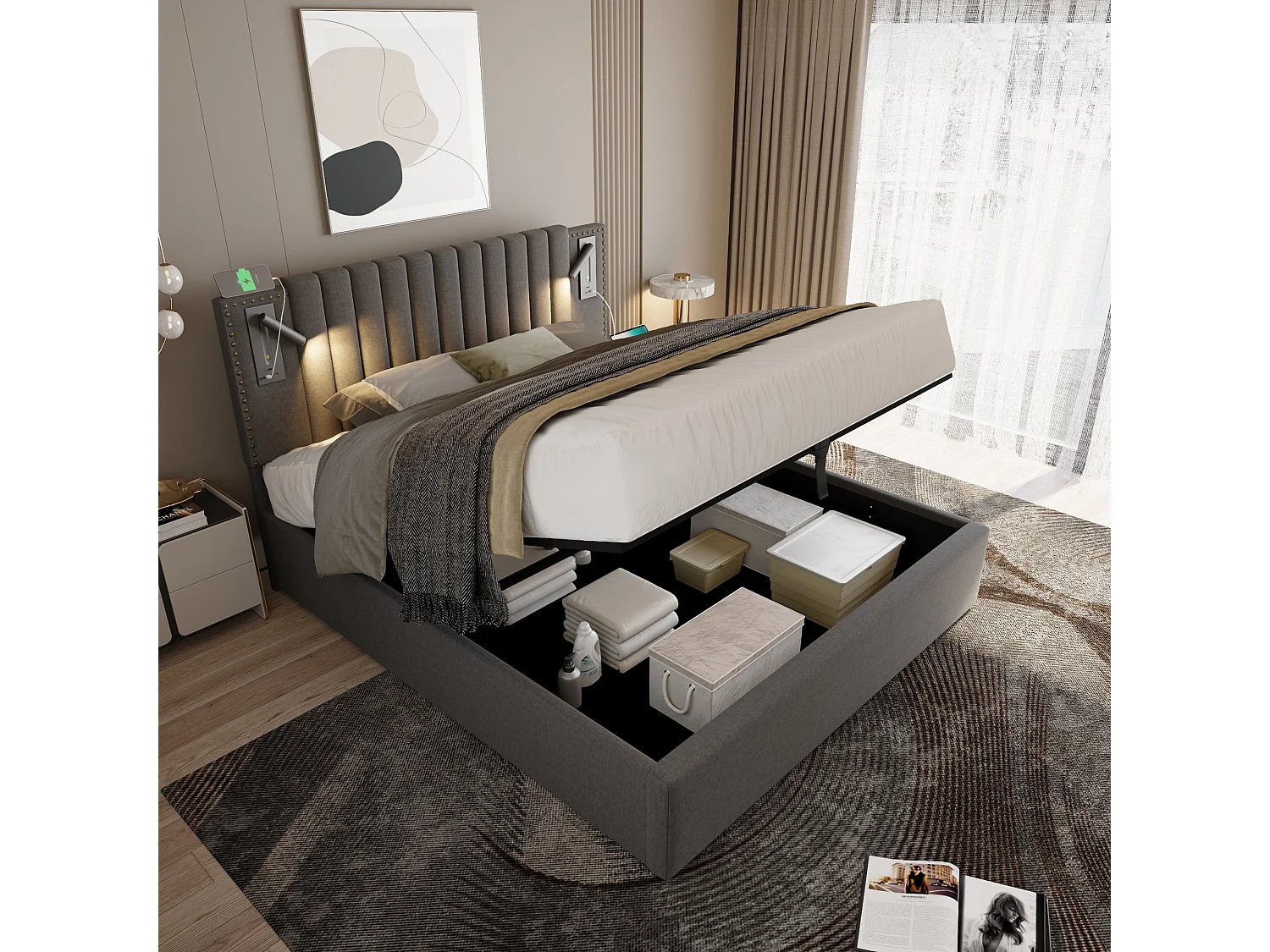 Lit coffre 140x200 avec tête de lit, USB/Type-C et lampe de lecture, sommier à lattes - gris - matelas inclus