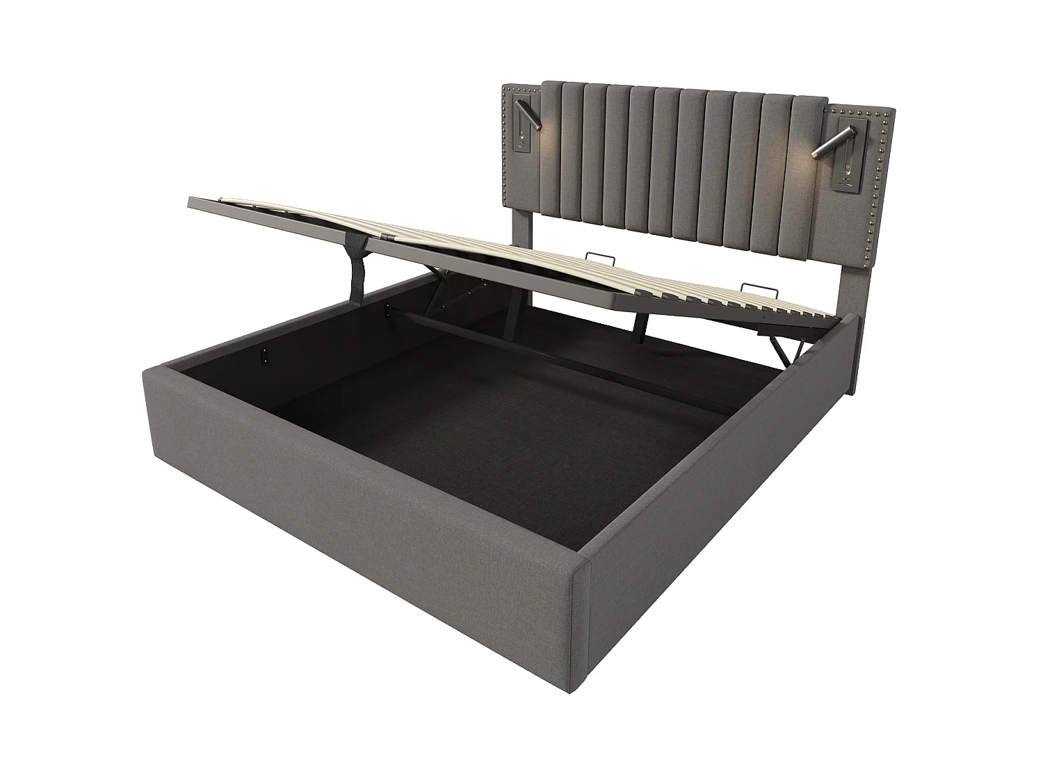 Lit coffre 140x200 avec tête de lit, USB/Type-C et lampe de lecture, sommier à lattes - gris - matelas inclus