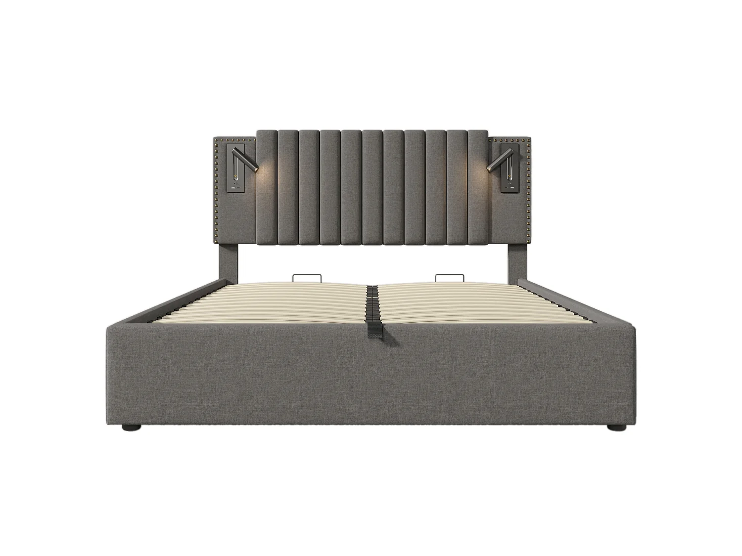 Lit coffre 140x200 avec tête de lit, USB/Type-C et lampe de lecture, sommier à lattes - gris - matelas inclus