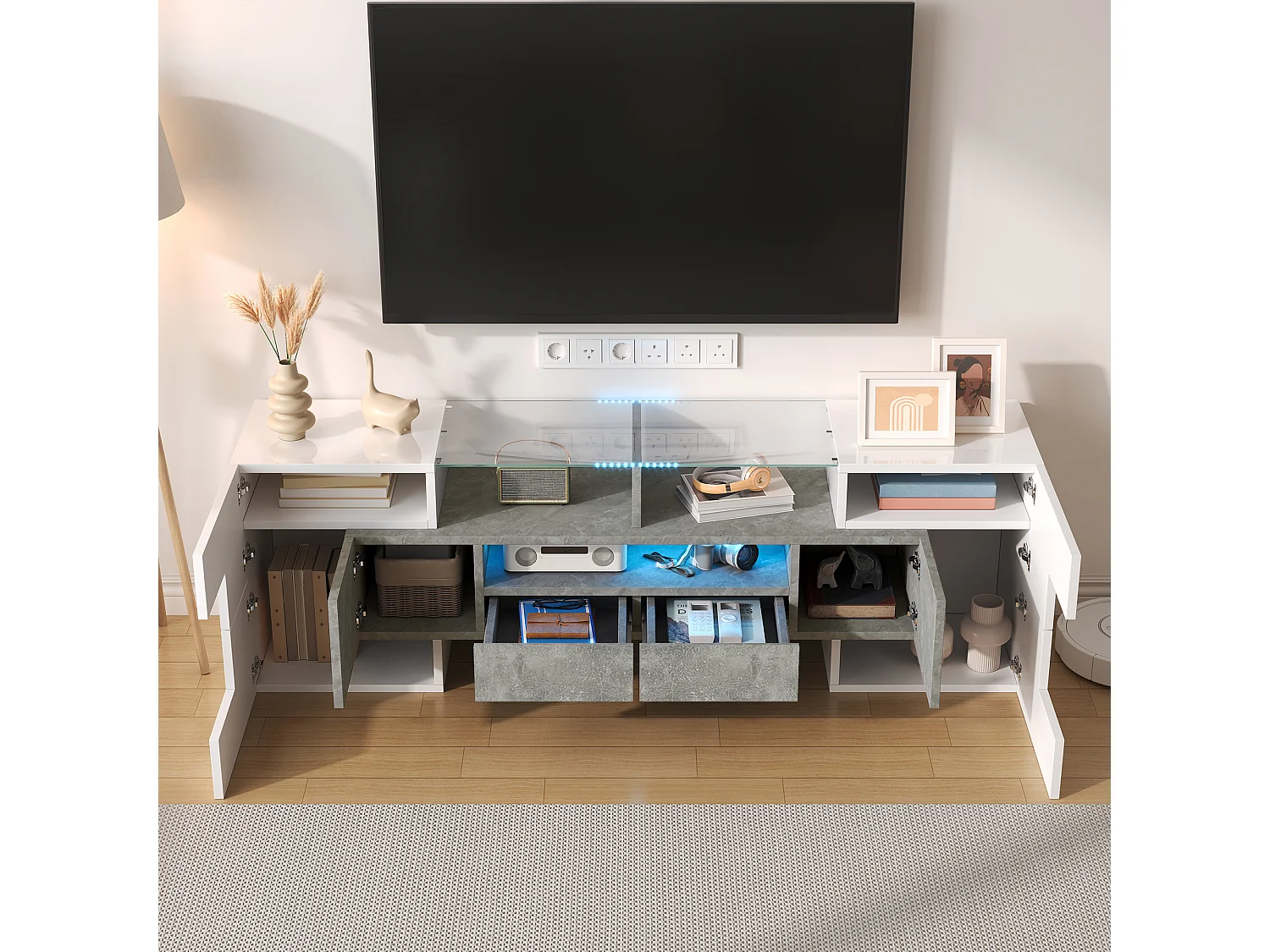 Szafka RTV biała połysk i beton 145x30x51 cm z led, 6 drzwiami, 2 szufladami i 3 wnękami